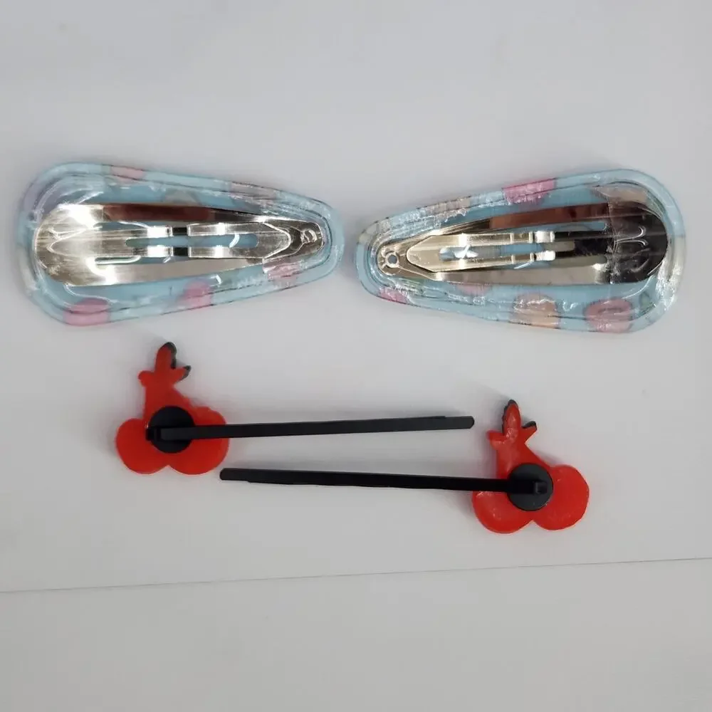4 pc Hair Accessories 2 Cherry bobby pins 2 fruit/veggie snap barrette clips